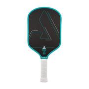 Pickleball paddle with black face and teal border on a white background