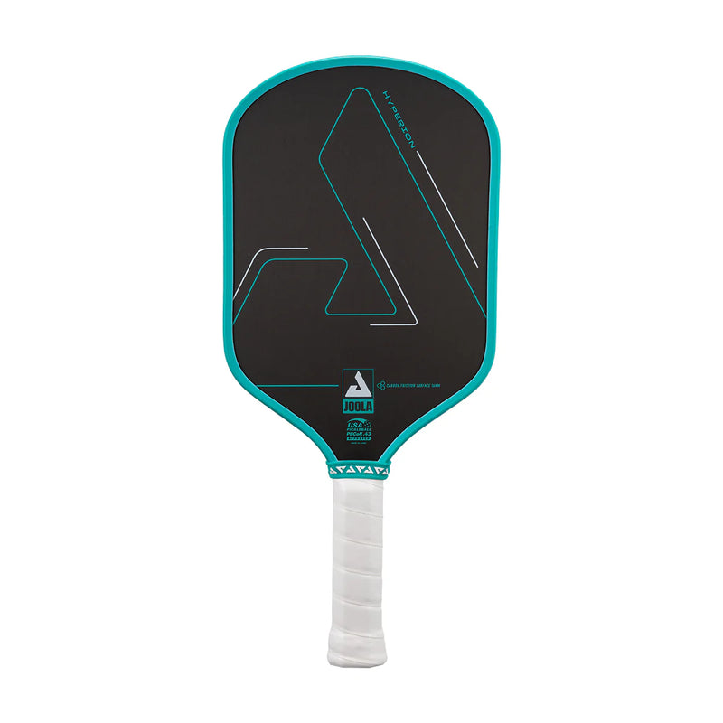 Pickleball paddle with black face and teal border on a white background