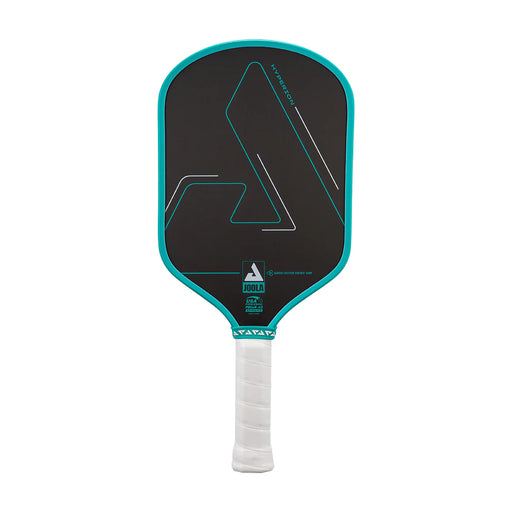 Pickleball paddle with black face and teal border on a white background