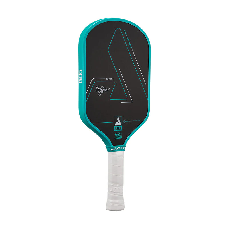 Pickleball paddle with teal and black design on a white background
