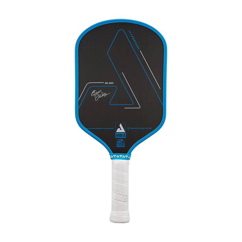 Pickleball paddle with black face and blue border on a white background