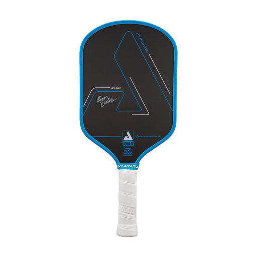 Pickleball paddle with black face and blue border on a white background