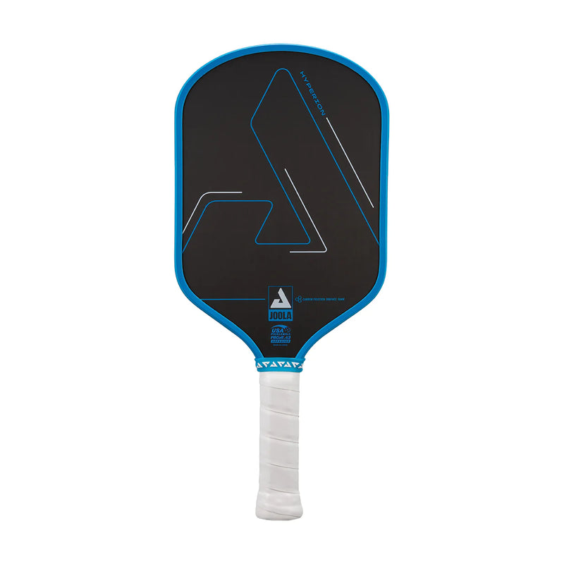 Pickleball paddle with black face, blue rim, and white handle on a white background