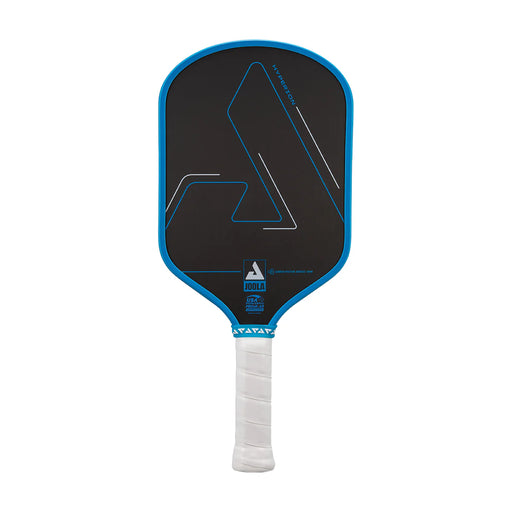 Pickleball paddle with black face, blue rim, and white handle on a white background