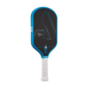 Pickleball paddle with blue rim and black surface on a white background