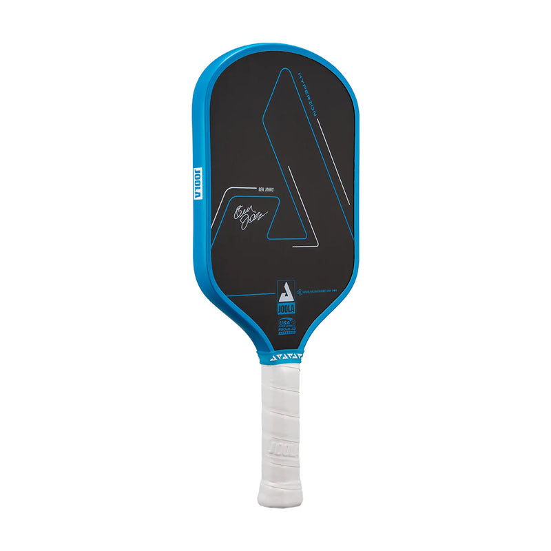Pickleball paddle with blue rim and black surface on a white background