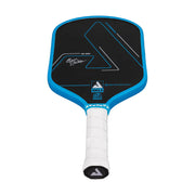 Pickleball paddle with blue and black design on a white background