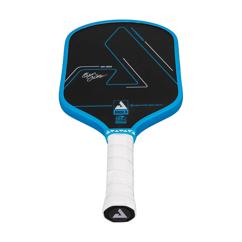 Pickleball paddle with blue and black design on a white background