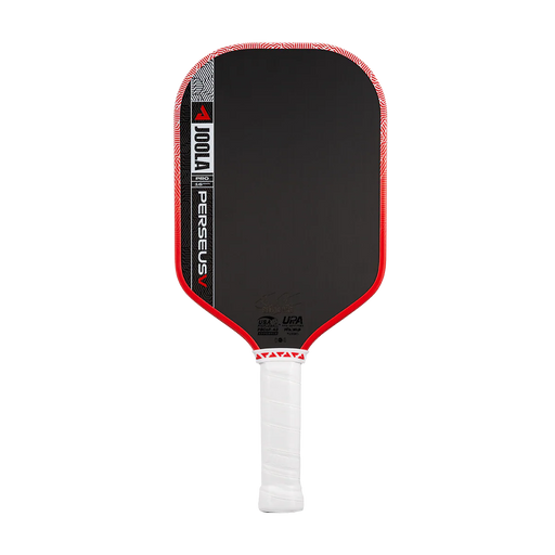 Pickleball paddle with black surface, red border, and white handle on a white background