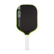 Pickleball paddle with black face, green rim, and white handle on a white background
