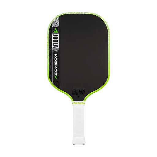 Pickleball paddle with black face, green rim, and white handle on a white background