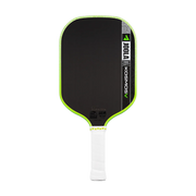 Pickleball paddle with black face, green rim, and white handle on a white background