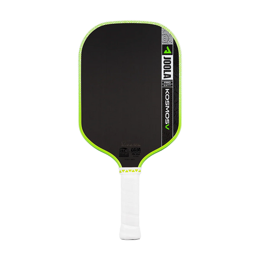 Pickleball paddle with black face, green rim, and white handle on a white background