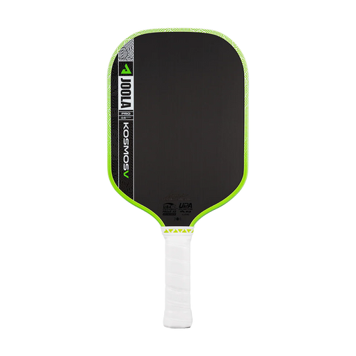 Pickleball paddle with black surface, green rim, and white handle on a white background