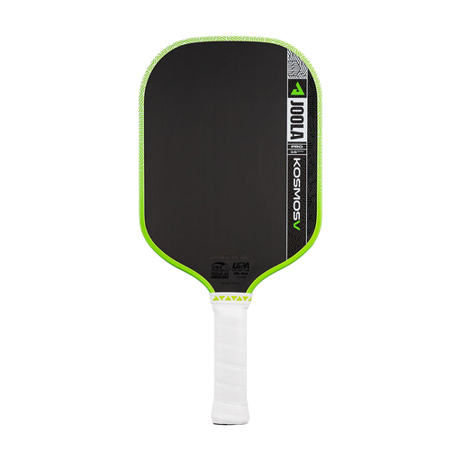 Pickleball paddle with black face, green rim, and white handle on a white background