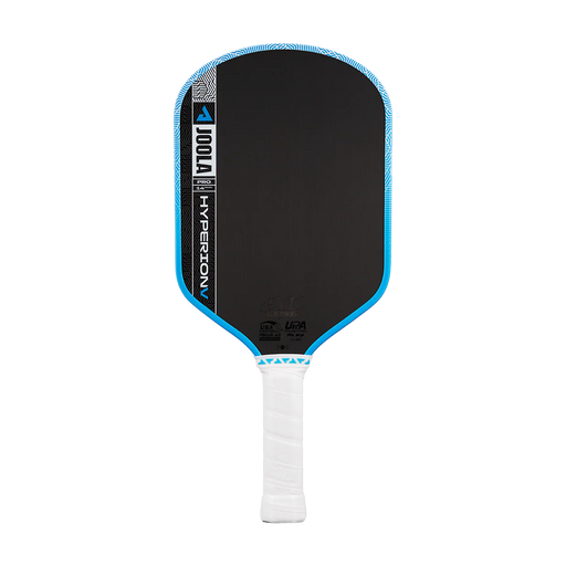 Pickleball paddle with black face, blue rim, and white handle on a white background