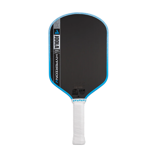Pickleball paddle with black surface, blue edges, and white handle on a white background