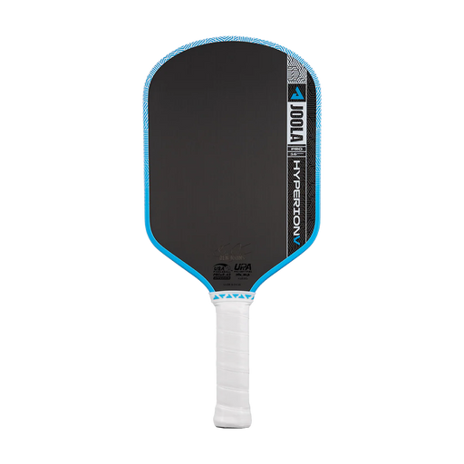 Pickleball paddle with black face, blue edges, and white handle on a white background