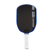 Pickleball paddle with black paddle and blue rim on a white background