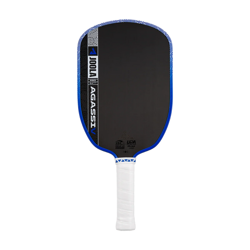Pickleball paddle with black surface and blue edges on a white background