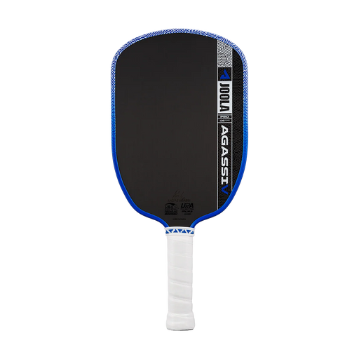 Pickleball paddle with black face, blue rim, and white handle on a white background