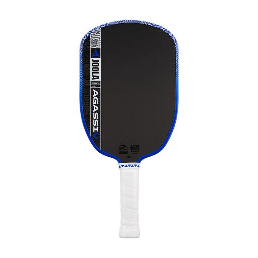 Pickleball paddle with black surface, blue rim, and white handle on a white background