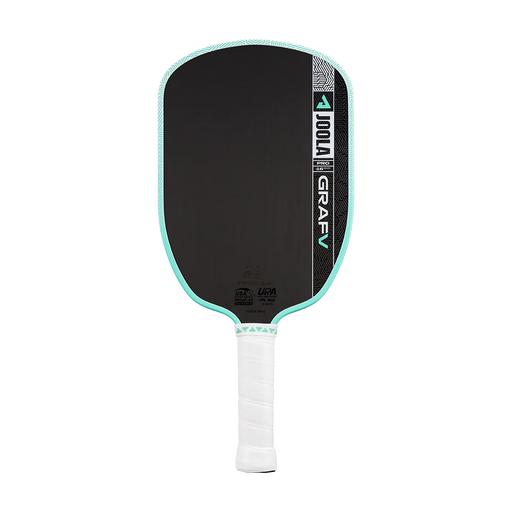 Pickleball paddle with black face, turquoise rim, and white handle on a white background