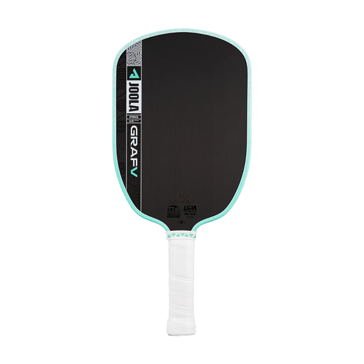 Pickleball paddle with black surface and white handle on a white background