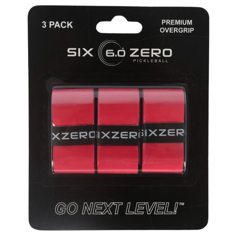 Pack of red pickleball overgrips with 'Six 6.0 Zero' branding on a black background.