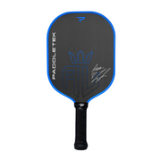Black and blue pickleball paddle with branding on a white background