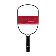 Pickleball paddle with red and white design on a white background