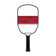 Pickleball paddle with red and white design on a white background