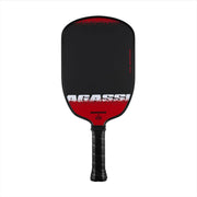 Black and red pickleball paddle with Agassi branding on a white background