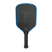 Pickleball paddle with blue rim and black handle on a white background