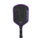 Black and purple pickleball paddle with branding on a white background