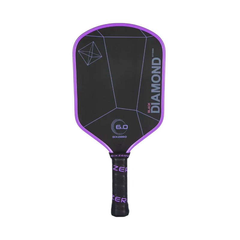 Black and purple pickleball paddle with branding on a white background