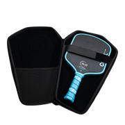 Blue pickleball paddle with black case on a white background