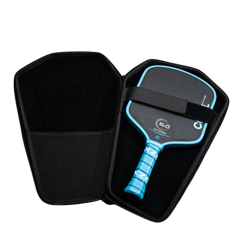 Blue pickleball paddle with black case on a white background