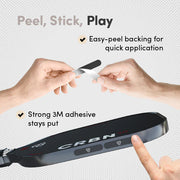 Hands peeling back a strip of tape on a CRBN product with text about easy-peel backing and strong adhesive.
