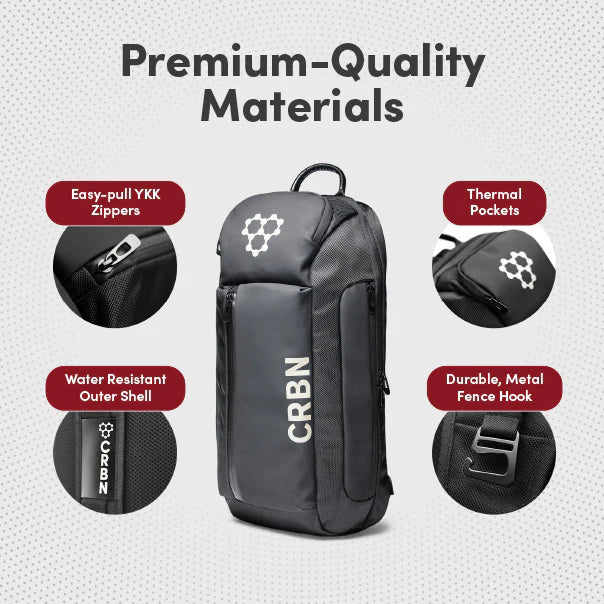 Gray backpack with CRBN branding and features highlighted on a light gray background