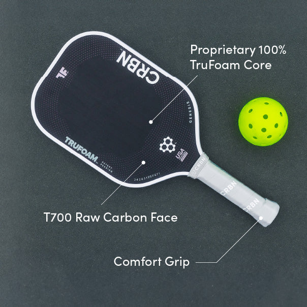 Pickleball paddle with T700 raw carbon face and TruFoam core, next to a green pickleball on a dark background.