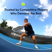 Tennis player on a court with text 'Trusted by Competitive Players Who Demand the Best' and 'PROWORX' branding.