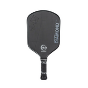 Black pickleball paddle with branding on a white background