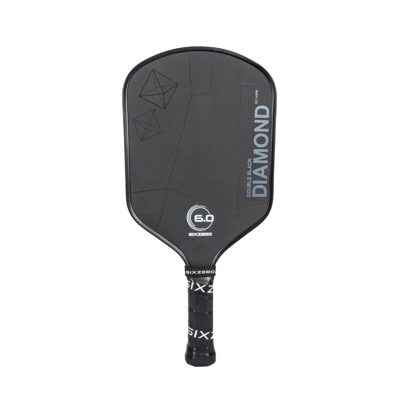 Black pickleball paddle with branding on a white background