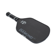 Black pickleball paddle with branding on a white background