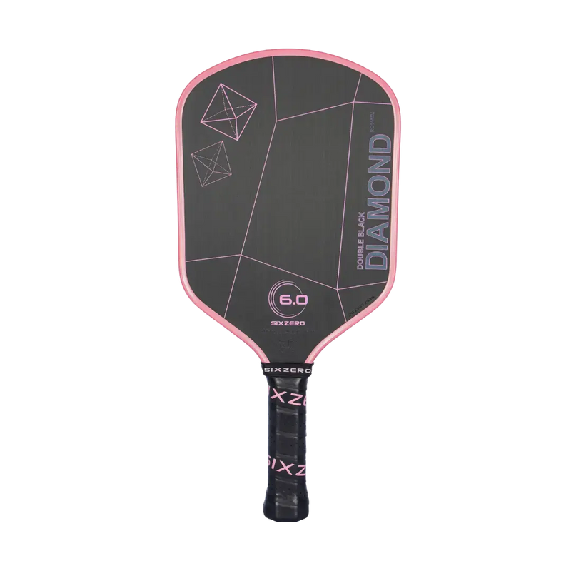 Pickleball paddle with pink rim and black back on a white background