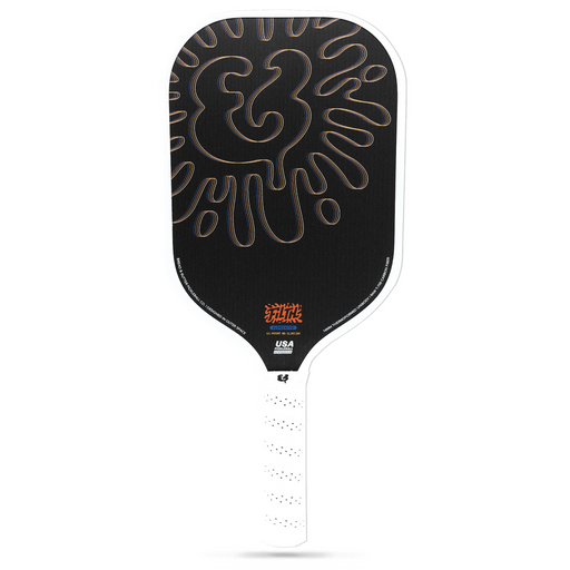 Black and white pickleball paddle with a unique design on a white background
