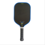 Pickleball paddle with blue rim and black surface on a white background