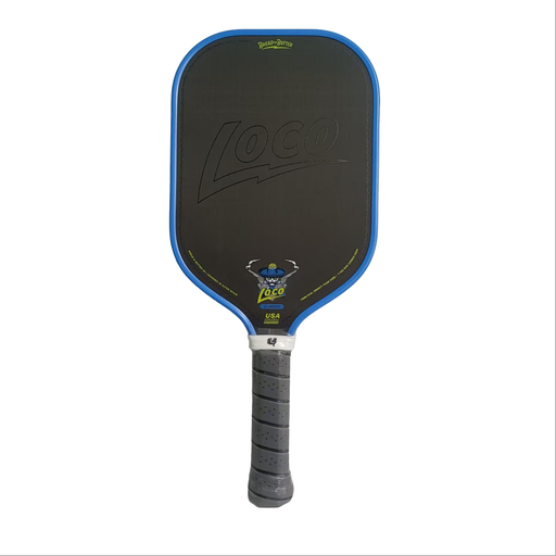 Pickleball paddle with blue rim and black surface on a white background