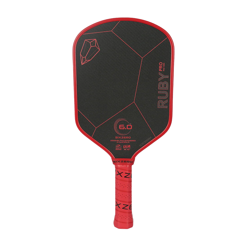 Red and black pickleball paddle with 'Ruby Pro' branding on a white background